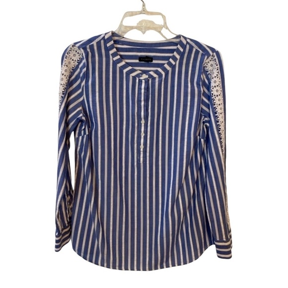 Talbots Tops - Talbots Petite Stripped Cotton Blue & White V-neck Pull Over Blouse Size MP